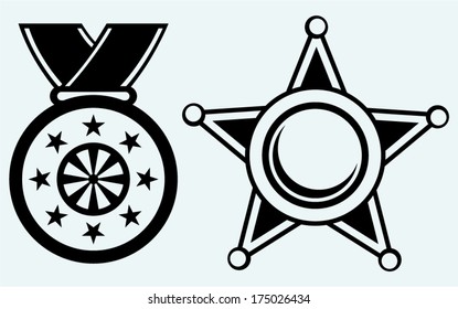 Sheriff badge and medal with ribbon. Image isolated on blue background