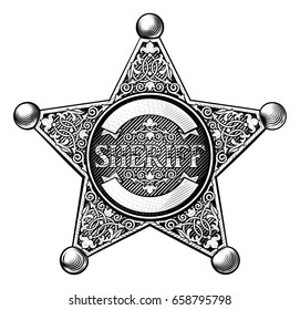 Sheriff badge star in a vintage etched engraved style svg
