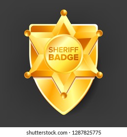 Sheriff Badge Vector. Golden Star. Western Style. 3D Realistic Illustration.