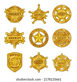 Insignias del sheriff. Emblema del departamento de policía, placa dorada con estrella de representante oficial de la ley. Conjunto vectorial de símbolos. Señales de servicios de prevención del delito e investigación con escudos