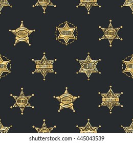 Sheriff badges seamless pattern with golden shiny five and six ray stars on black background vector illustration