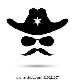 Sheriff black icon isolated on white. Retro hat with star, mustache and glasses. Vector illustration