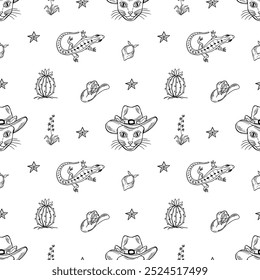 Sheriff cat in a cowboy hat, cactus and lizard seamless pattern. Hand drawn black outline western core vector illustration.