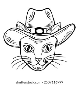 Sheriff cat in a cowboy hat. Hand drawn black outline western core vector illustration.