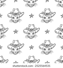 Sheriff cat in a cowboy hat and star sign seamless pattern. Hand drawn black outline western vector illustration.