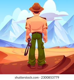 Sheriff character in western desert. Wild west landscape with sand dunes, mountains and back view of american police man with binoculars, vector cartoon illustration