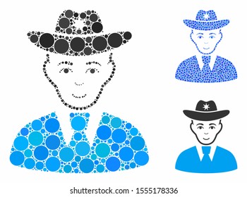 Sheriff composition of filled circles in different sizes and color tinges, based on sheriff icon. Vector random circles are composed into blue composition.