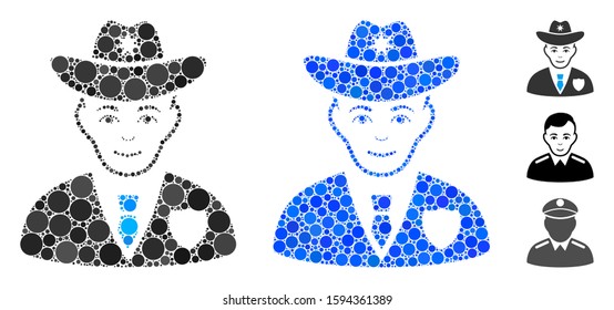 Sheriff composition of filled circles in various sizes and shades, based on sheriff icon. Vector small circles are organized into blue composition. Dotted sheriff icon in usual and blue versions.