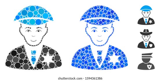 Sheriff composition of spheric dots in various sizes and color tones, based on sheriff icon. Vector dots are grouped into blue composition. Dotted sheriff icon in usual and blue versions.