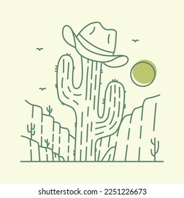 Sheriff Cowboy Hat on a Desert Cactus Tree Succulent Monoline Design for Apparel