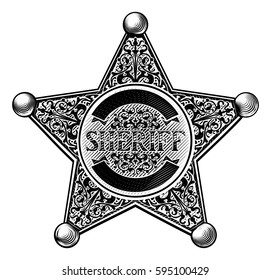 Sheriff cowboy star badge in a vintage etched engraved style