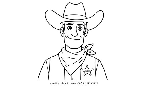 Xerife Cowboy Stock Coloração Page Line Art Personagem Vestir Colete Com Emblema De Estrela Básico Poder Gráfico Justiça Ocidental