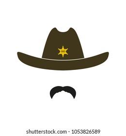 Sheriff face icon isolated on white background. Retro hat with star and mustache. Vector illustration.