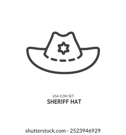 Símbolo Americano de Ícone de Linha Fina Preta Sheriff Hat. Ilustração vetorial de Wild West Fashion Element