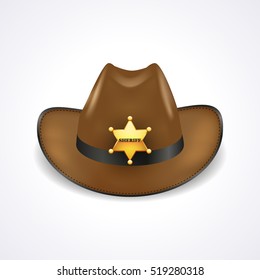 Sheriff hat with gold star isolated on white background, front view, realistic vector