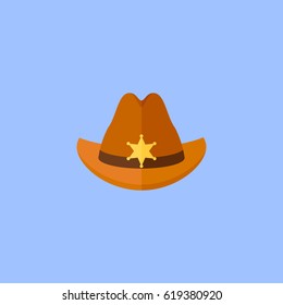 Sheriff hat with star isolated on blue background. Flat style icon. Vector illustration.