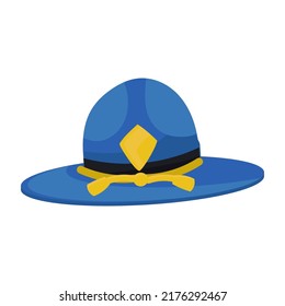 Icono de la ilustración del vector sheriff blanco aislado. Vaquero de texas occidentales o símbolo de guardabosques. Diseño de cuero masculino americano de campaña y traje tradicional azul. Policía de la gorra de los accesorios de moda
