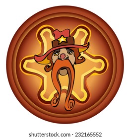 Sheriff Head with a Long Mustache and Hat, in front of a Sheriff Six Pointed Star Badge, Vector Illustration isolated on White Background. 