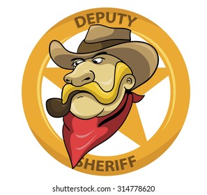 Sheriff head and star badge behind him. 