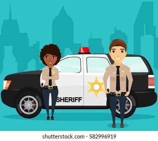 Sheriff and his partner standing near a police jeep on the background of the city. On the custody order. Police jeep with a flashing light. Patrols. Happy people
