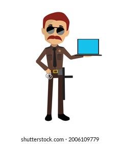 Sheriff Holding Laptop Flat Vector Cartoon Illustration