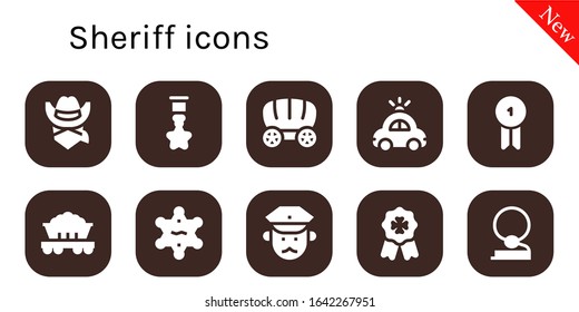 sheriff icon set. 10 filled sheriff icons. Included Cowboy, Badge, Wagon, Police car, Sheriff, Policeman icons