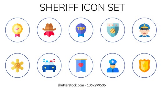 sheriff icon set. 10 flat sheriff icons.  Collection Of - badge, cowboy, police car, policeman, police badge