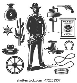 Sheriff icon set with black isolated elements of cowboys and sheriffs equipments vector illustration
