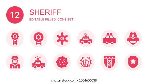 Sheriff Icon Set. Collection Of 12 Filled Sheriff Icons Included Badge, Sheriff, Police Car, Policeman, Tumbleweed, Cowboy Hat