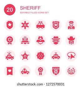 Sheriff Icon Set. Collection Of 20 Filled Sheriff Icons Included Badge, Sheriff, Police Car, Police Badge, Policeman, Cowboy Hat, Cowboy, Tumbleweed, Lasso