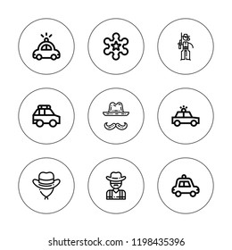 Sheriff icon set. collection of 9 outline sheriff icons with cowboy hat, cowboy, cowgirl, police car icons. editable icons.