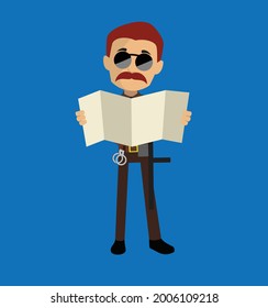 Sheriff Looking map Flat Vector Cartoon Illustration