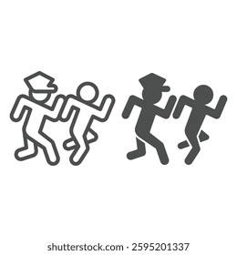 Sheriff man catching human line and solid icon, law enforcement concept. Vector graphics. Policeman running to catch bandit sign on white background, outline style icon for mobile or web design