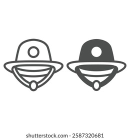 Sheriff man hat line and solid icon, law and order headwear concept. Vector graphics. Hat with emblem and tie sign on white background, outline style icon for mobile or web design