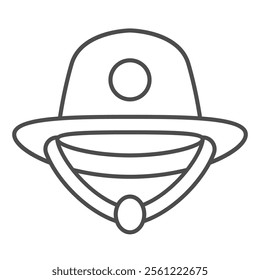 Sheriff man hat thin line icon, law and order headwear concept. Vector graphics. Hat with emblem and tie sign on white background, outline style icon for mobile or web design