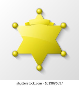 Sheriff metal gold star. Vector policeman emblem. Police badge. Cop token. Sheriff steel badge, Six-pointed star, Policeman token