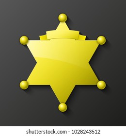 Sheriff metal gold star. Vector policeman emblem. Police badge. Cop token. Sheriff steel badge, Six-pointed star, Policeman token