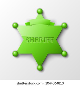 Sheriff metal gold star. Vector policeman emblem. Police badge. Cop token. Sheriff steel badge, Six-pointed star, Policeman token with "sheriff" text on surface