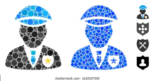 Sheriff mosaic of circle elements in variable sizes and shades, based on sheriff icon. Vector circle elements are united into blue illustration. Dotted sheriff icon in usual and blue versions.