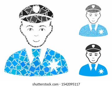 Sheriff mosaic of rough items in various sizes and color tinges, based on sheriff icon. Vector rugged dots are combined into mosaic. Sheriff icons collage with dotted pattern.