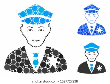 Sheriff mosaic of round dots in various sizes and color hues, based on sheriff icon. Vector round elements are organized into blue mosaic. Dotted sheriff icon in usual and blue versions.
