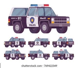 Sheriff off-road car. Official vehicle on large tires police use for transportation on patrols, reaching scene of incident quickly. Vector flat style cartoon illustration isolated on white background