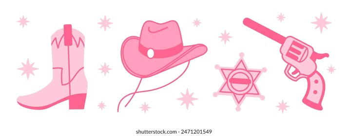 Sheriff Pink core fashion elements set. Cowboy western and wild west theme set. Hand drawn vector illustration.