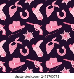 Sheriff Pink core fashion elements seamless pattern. Cowboy western and wild west theme set. Vector illustration.