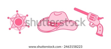 Sheriff Pink core fashion elements set. Cowgirl hat, handgun, sheriff badge. Cowboy western and wild west theme bundle. Hand drawn vector illustration.