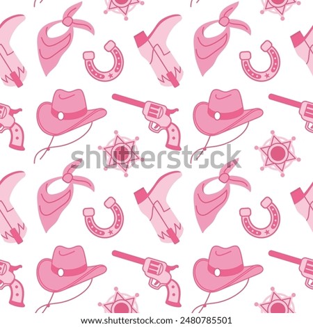 Sheriff Pink core fashion elements seamless pattern. Cowgirl hat, handgun, sheriff badge. Cowboy western and wild west theme. Hand drawn vector illustration, white background.