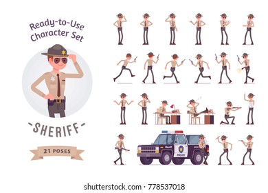 Sheriff Ready-to-use Character Set. Chief Executive Officer Wearing Official Uniform With Safety Devices, Full Length, Different Views, Gestures, Emotions, Front And Rear View. Law, Justice Concept