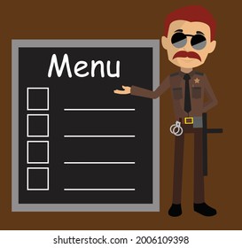 Sheriff Showing Menu Board Flat Vector Cartoon Illustration