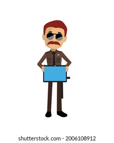 Sheriff Showing Tablet Flat Vector Cartoon Illustration