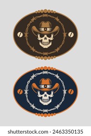 Sheriff Skull with Cowboy Hat and barbed wire, stylized silhouette label belt buckle vector design